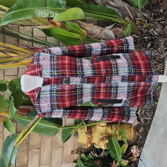 L'Agence wool blend, leather trimmed red plaid jacket size small - Picture 1 of 13